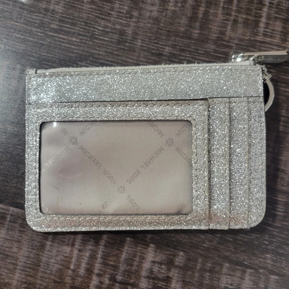 Michael Kors Silver Glitter Key Ring Coin Purse Pouch Zip Card Holder ID Slot